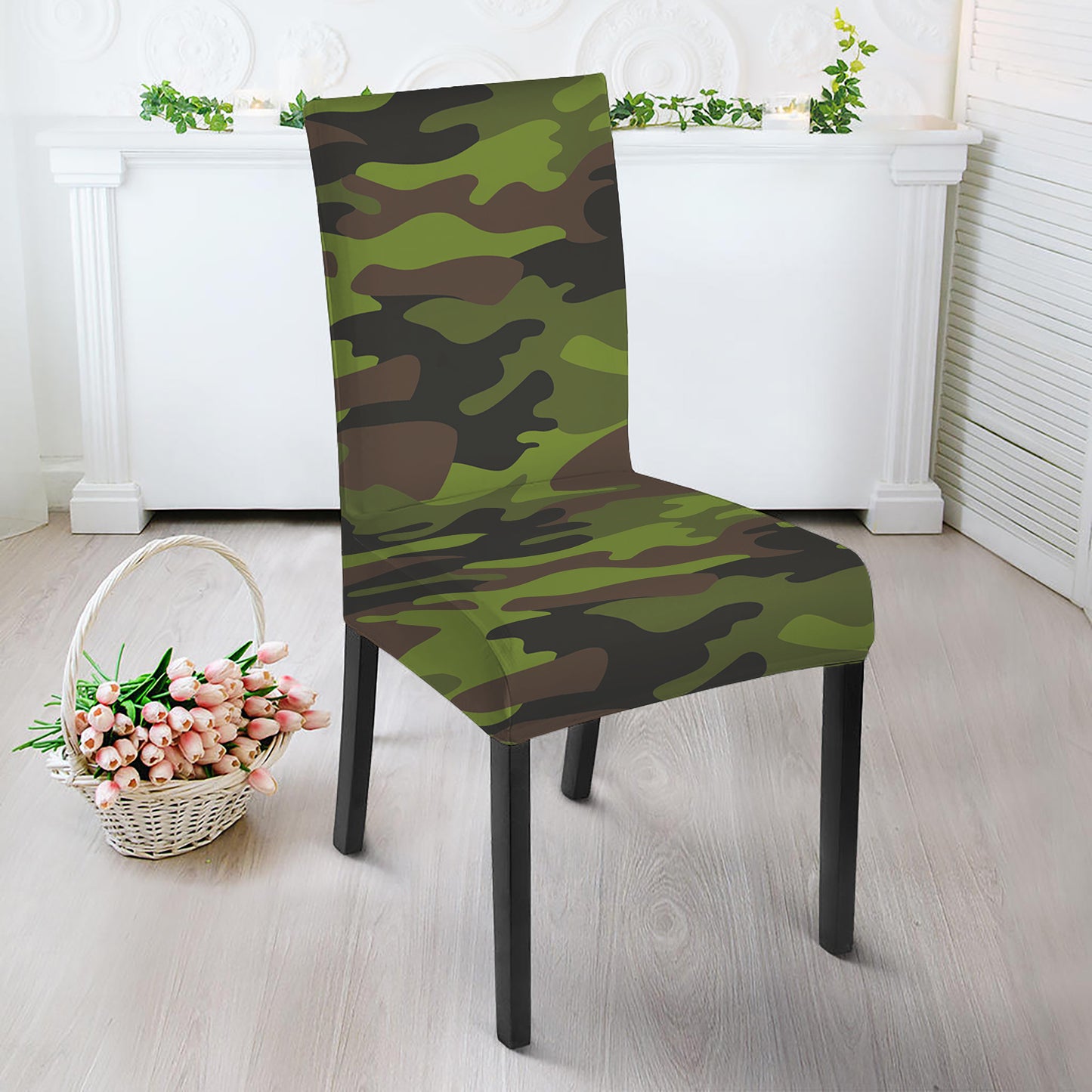 Dark Green And Black Camouflage Print Dining Chair Slipcover