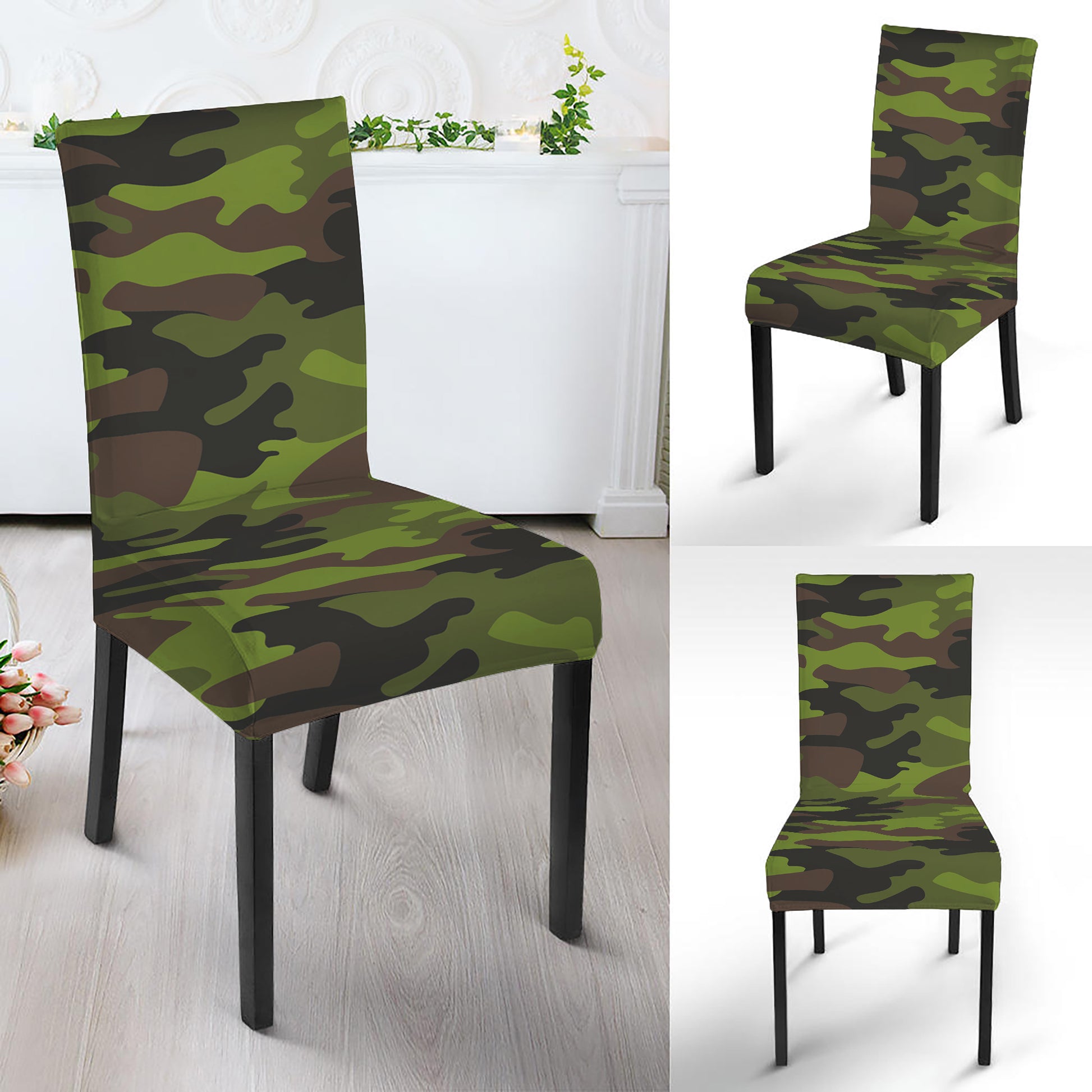 Dark Green And Black Camouflage Print Dining Chair Slipcover