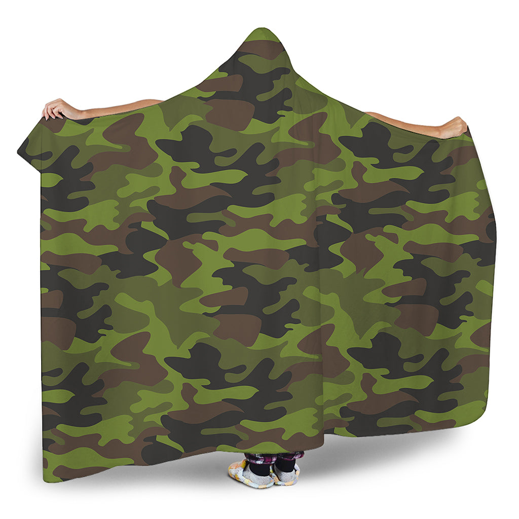 Dark Green And Black Camouflage Print Hooded Blanket