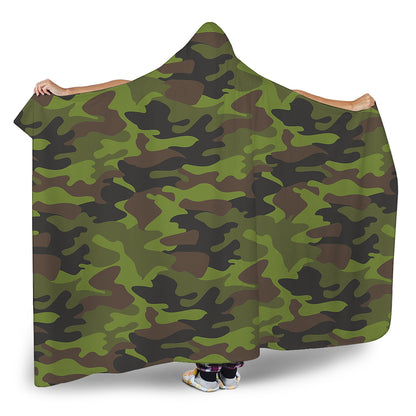 Dark Green And Black Camouflage Print Hooded Blanket