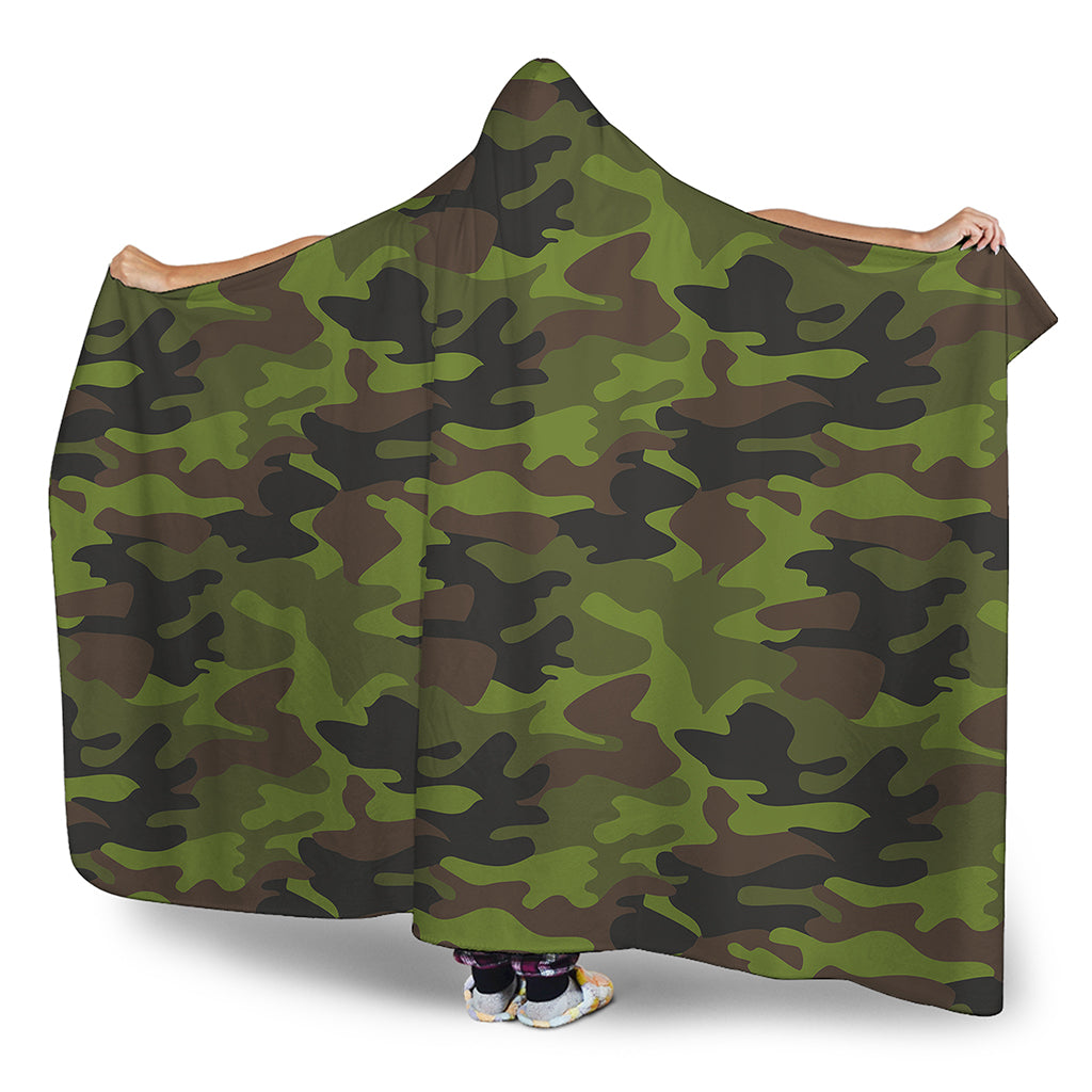 Dark Green And Black Camouflage Print Hooded Blanket
