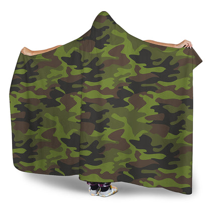 Dark Green And Black Camouflage Print Hooded Blanket