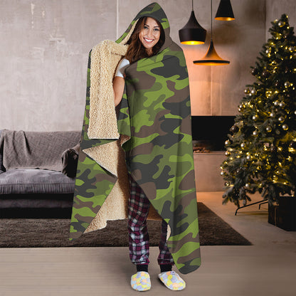 Dark Green And Black Camouflage Print Hooded Blanket