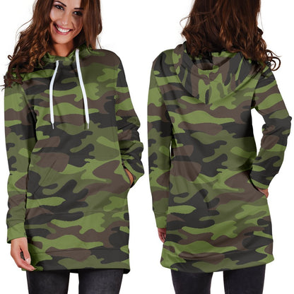 Dark Green And Black Camouflage Print Hoodie Dress GearFrost