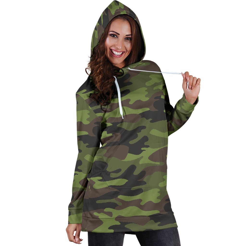 Dark Green And Black Camouflage Print Hoodie Dress GearFrost