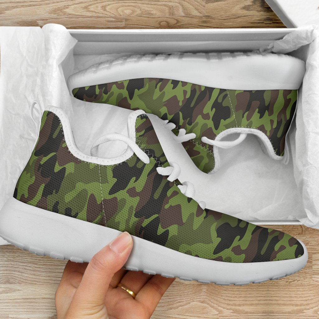 Dark Green And Black Camouflage Print Mesh Knit Shoes GearFrost