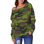 Dark Green And Black Camouflage Print Off Shoulder Sweatshirt GearFrost