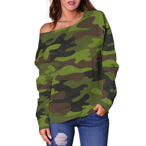 Dark Green And Black Camouflage Print Off Shoulder Sweatshirt GearFrost