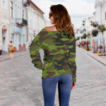 Dark Green And Black Camouflage Print Off Shoulder Sweatshirt GearFrost