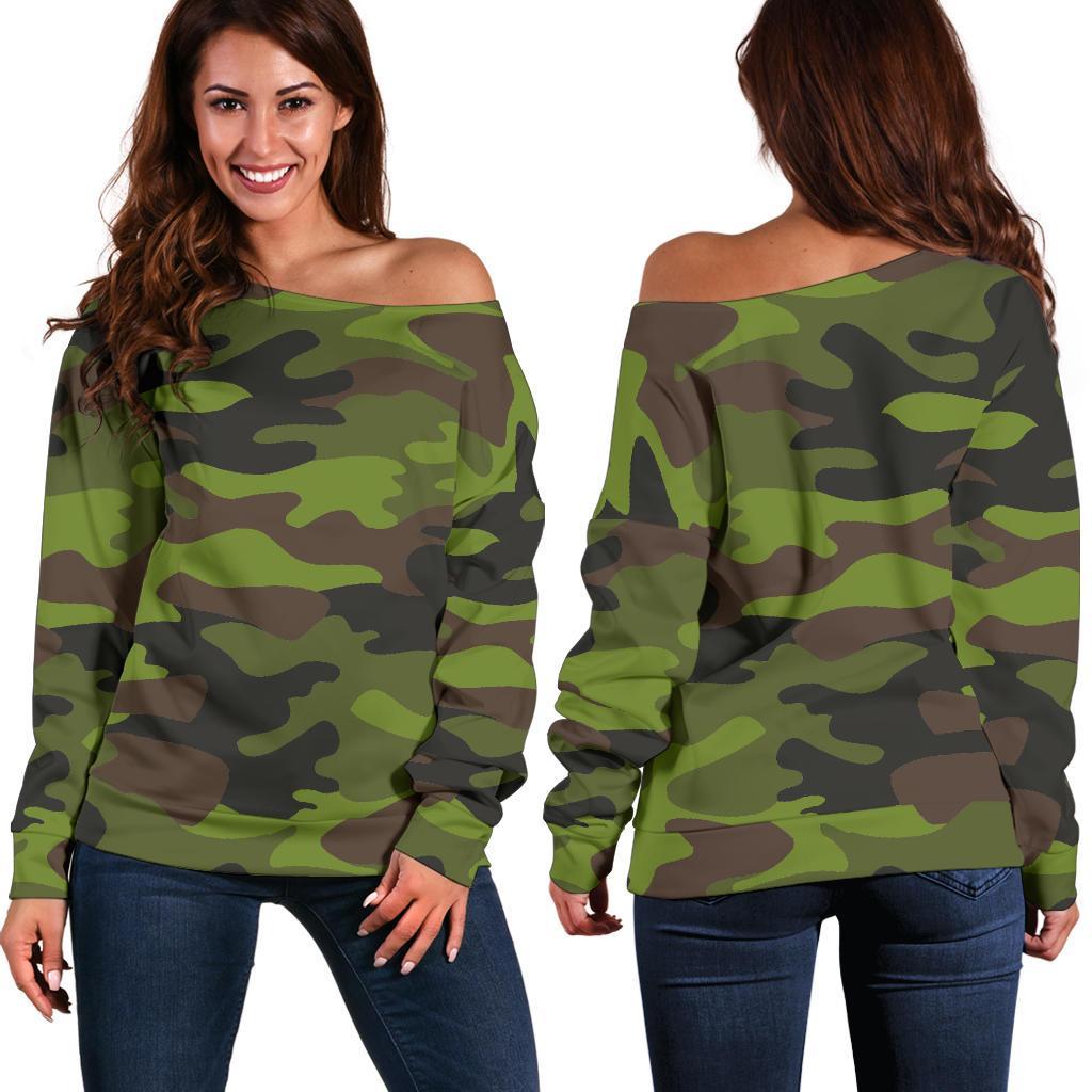 Dark Green And Black Camouflage Print Off Shoulder Sweatshirt GearFrost