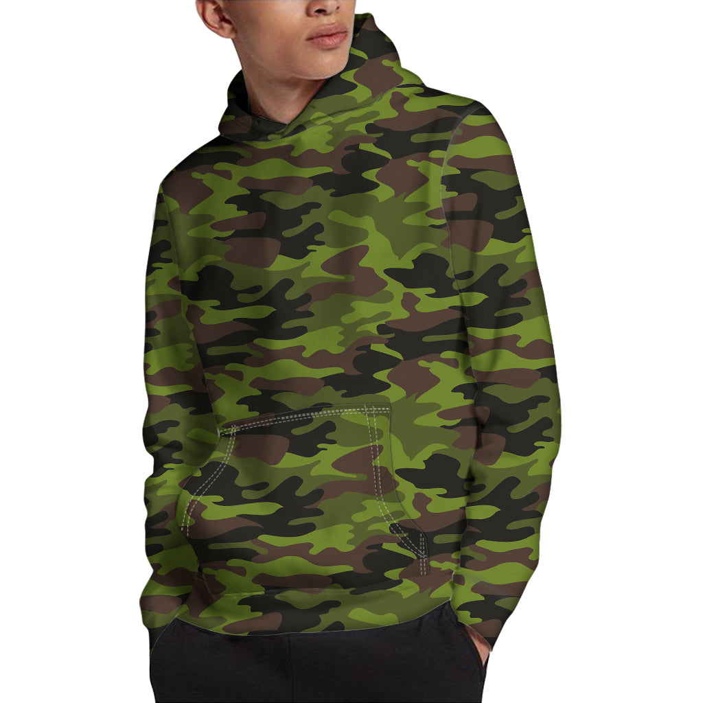 Dark Green And Black Camouflage Print Pullover Hoodie