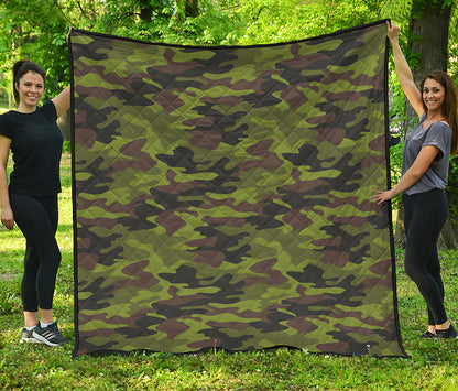 Dark Green And Black Camouflage Print Quilt