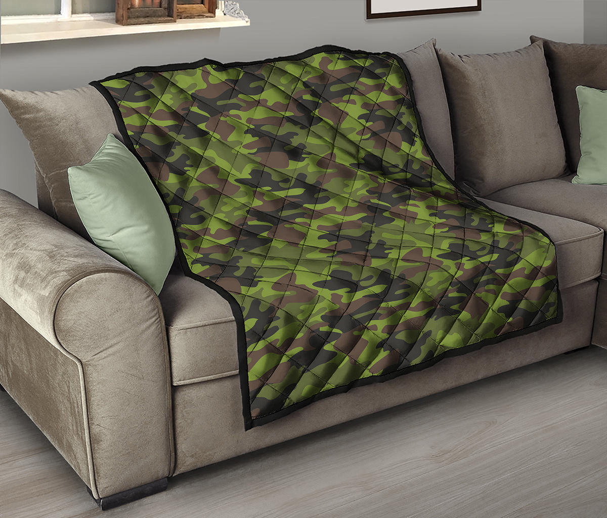 Dark Green And Black Camouflage Print Quilt