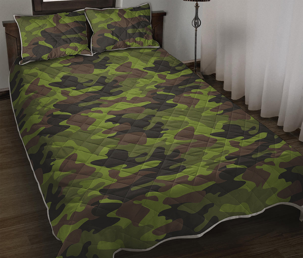 Dark Green And Black Camouflage Print Quilt Bed Set