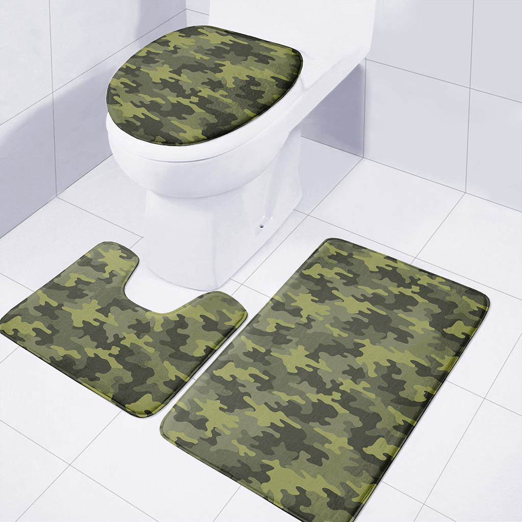 Dark Green Camouflage Print 3 Piece Bath Mat Set