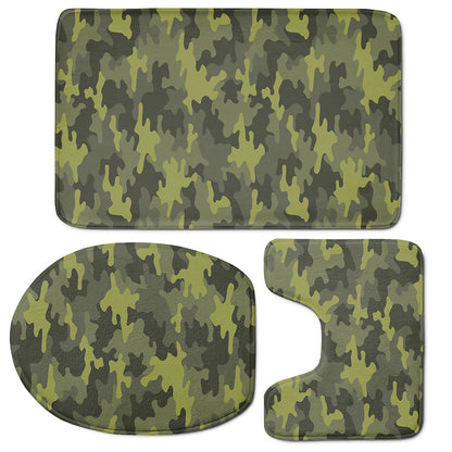 Dark Green Camouflage Print 3 Piece Bath Mat Set