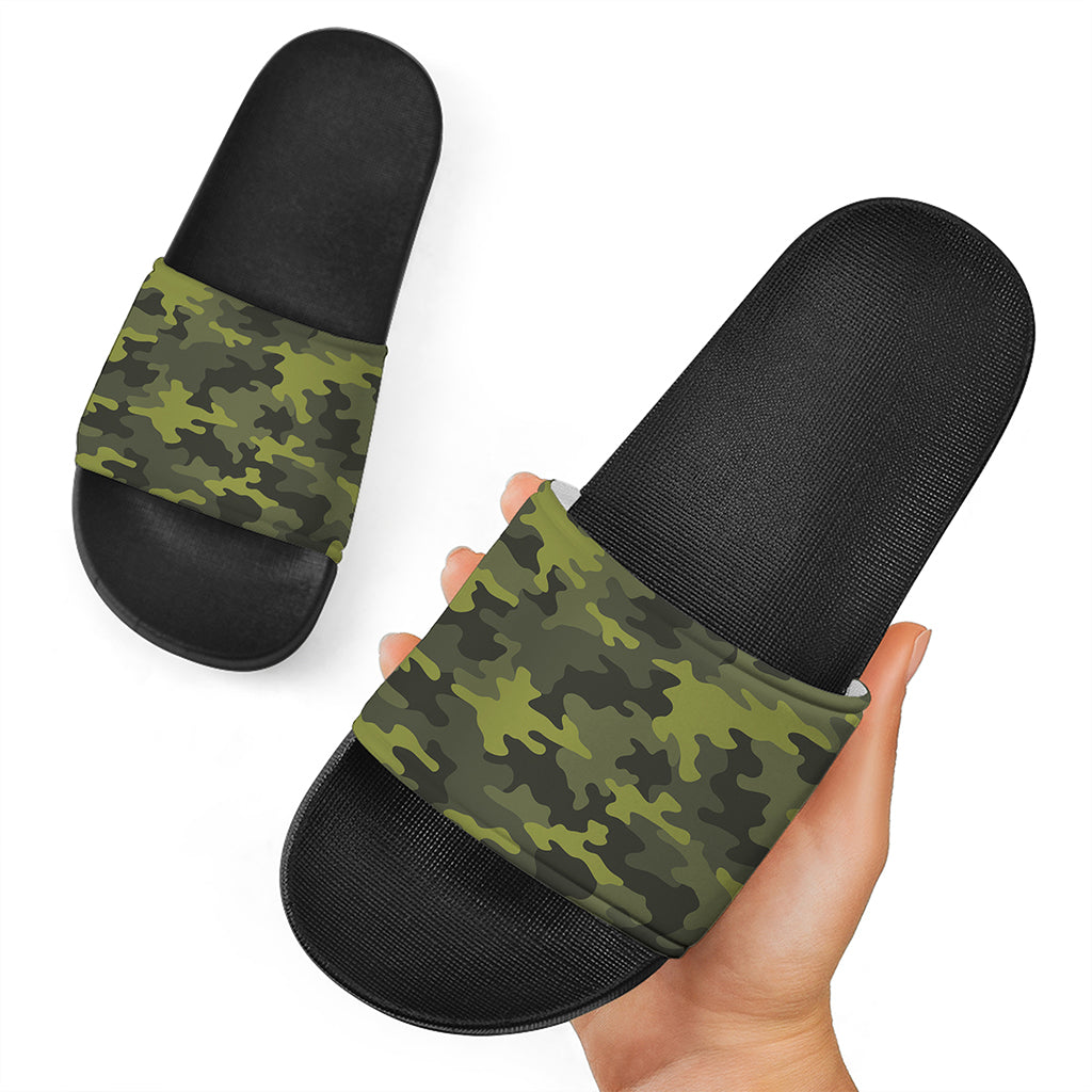 Dark Green Camouflage Print Black Slide Sandals