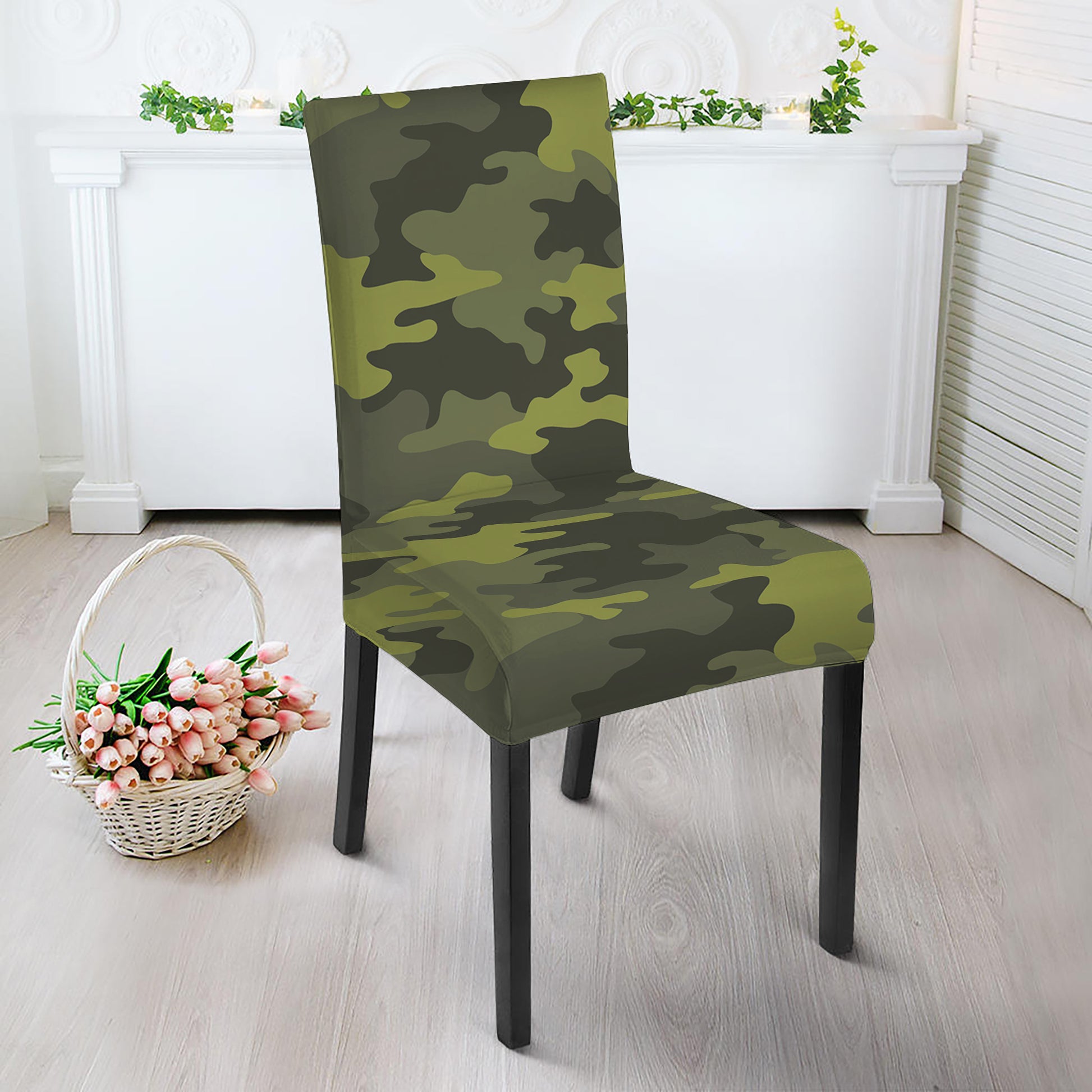 Dark Green Camouflage Print Dining Chair Slipcover