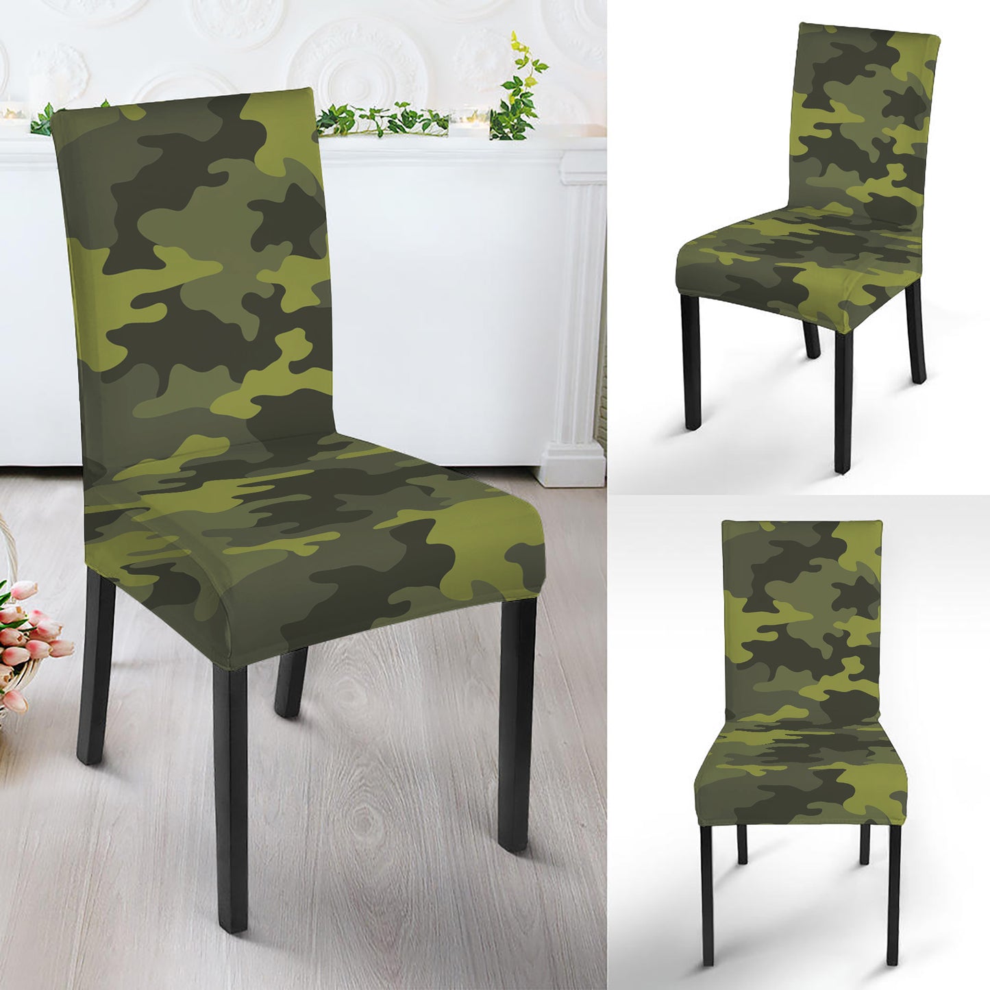 Dark Green Camouflage Print Dining Chair Slipcover