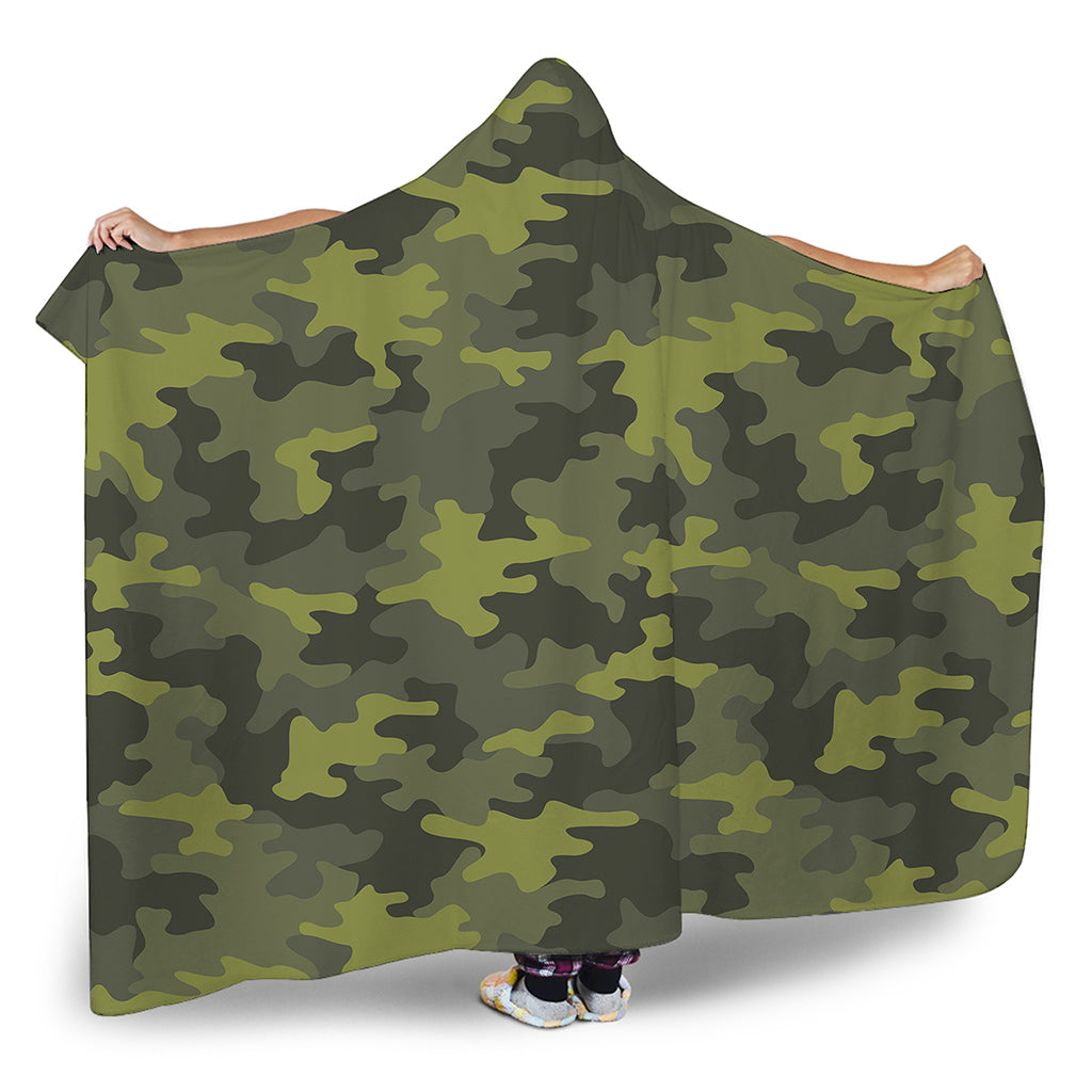 Dark Green Camouflage Print Hooded Blanket