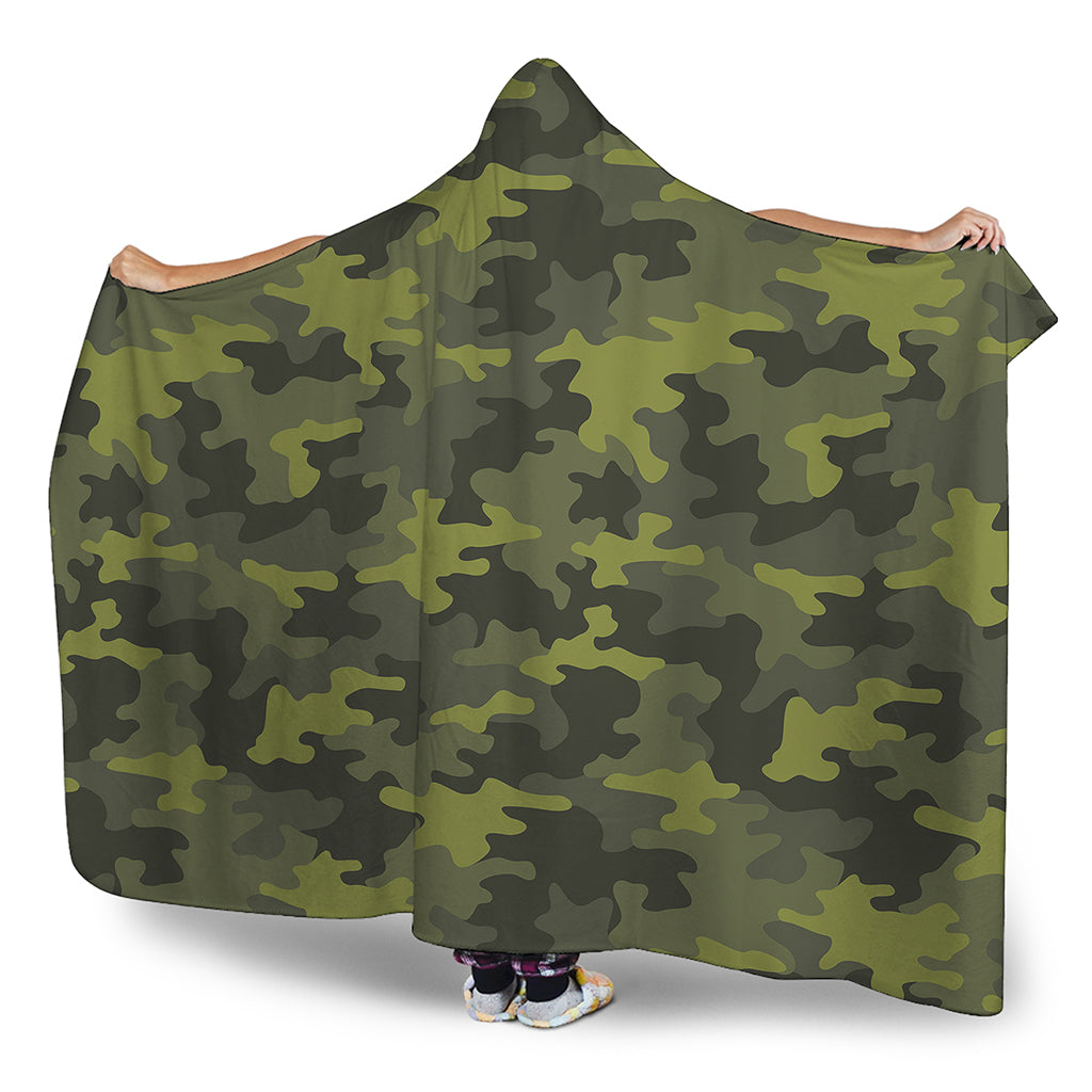 Dark Green Camouflage Print Hooded Blanket