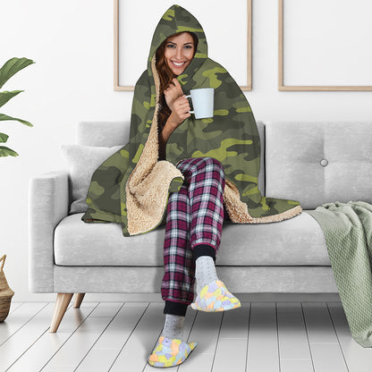 Dark Green Camouflage Print Hooded Blanket
