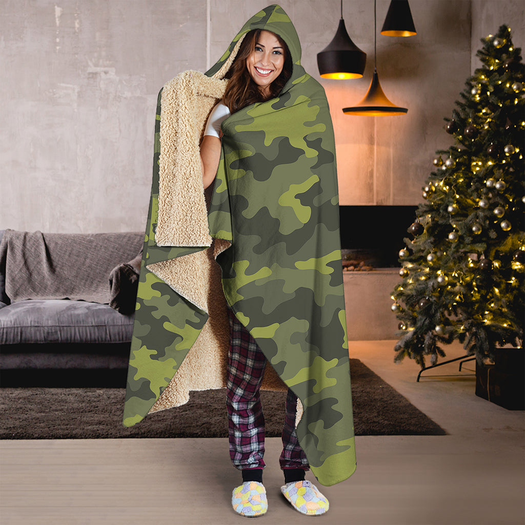 Dark Green Camouflage Print Hooded Blanket