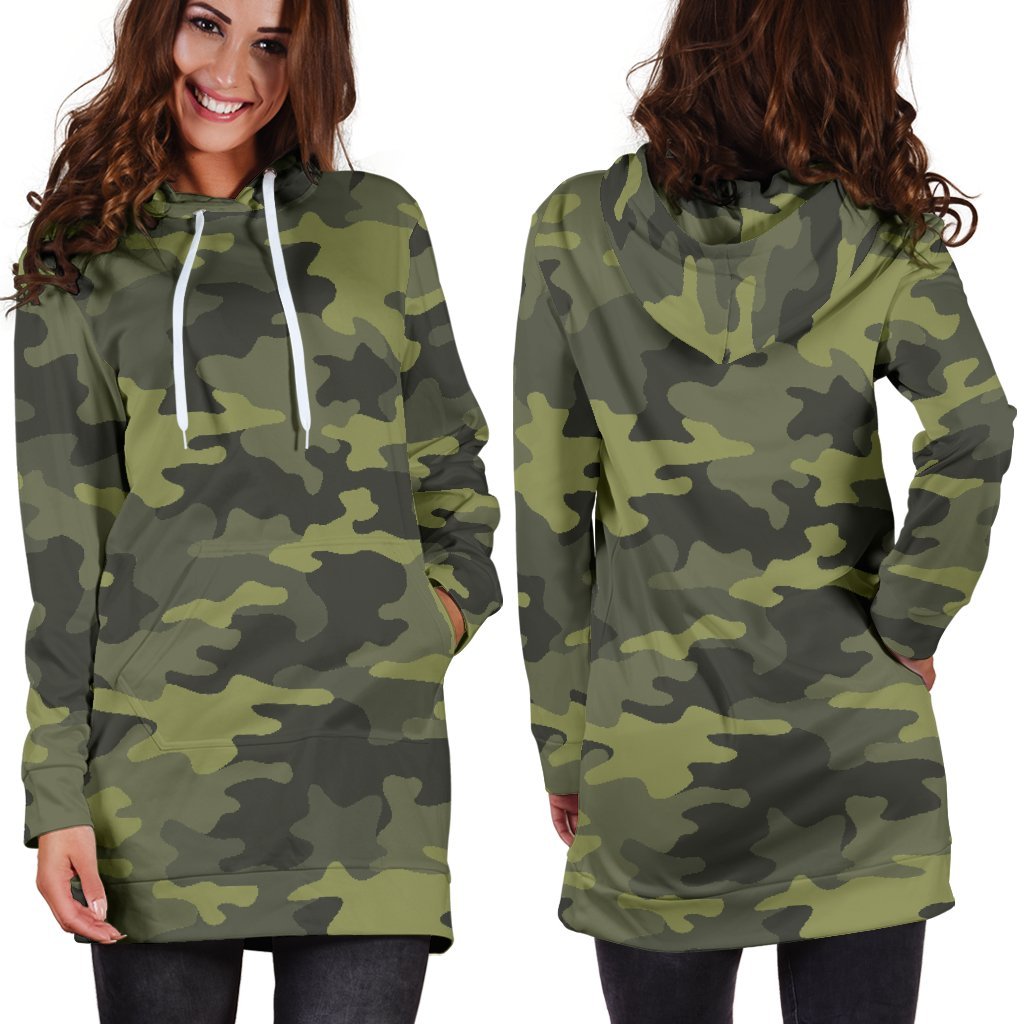 Dark Green Camouflage Print Hoodie Dress GearFrost