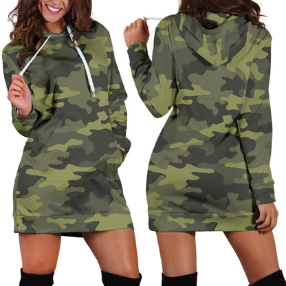 Dark Green Camouflage Print Hoodie Dress GearFrost