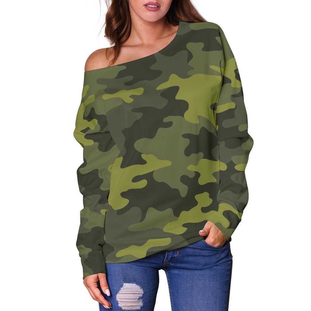 Dark Green Camouflage Print Off Shoulder Sweatshirt GearFrost