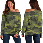 Dark Green Camouflage Print Off Shoulder Sweatshirt GearFrost