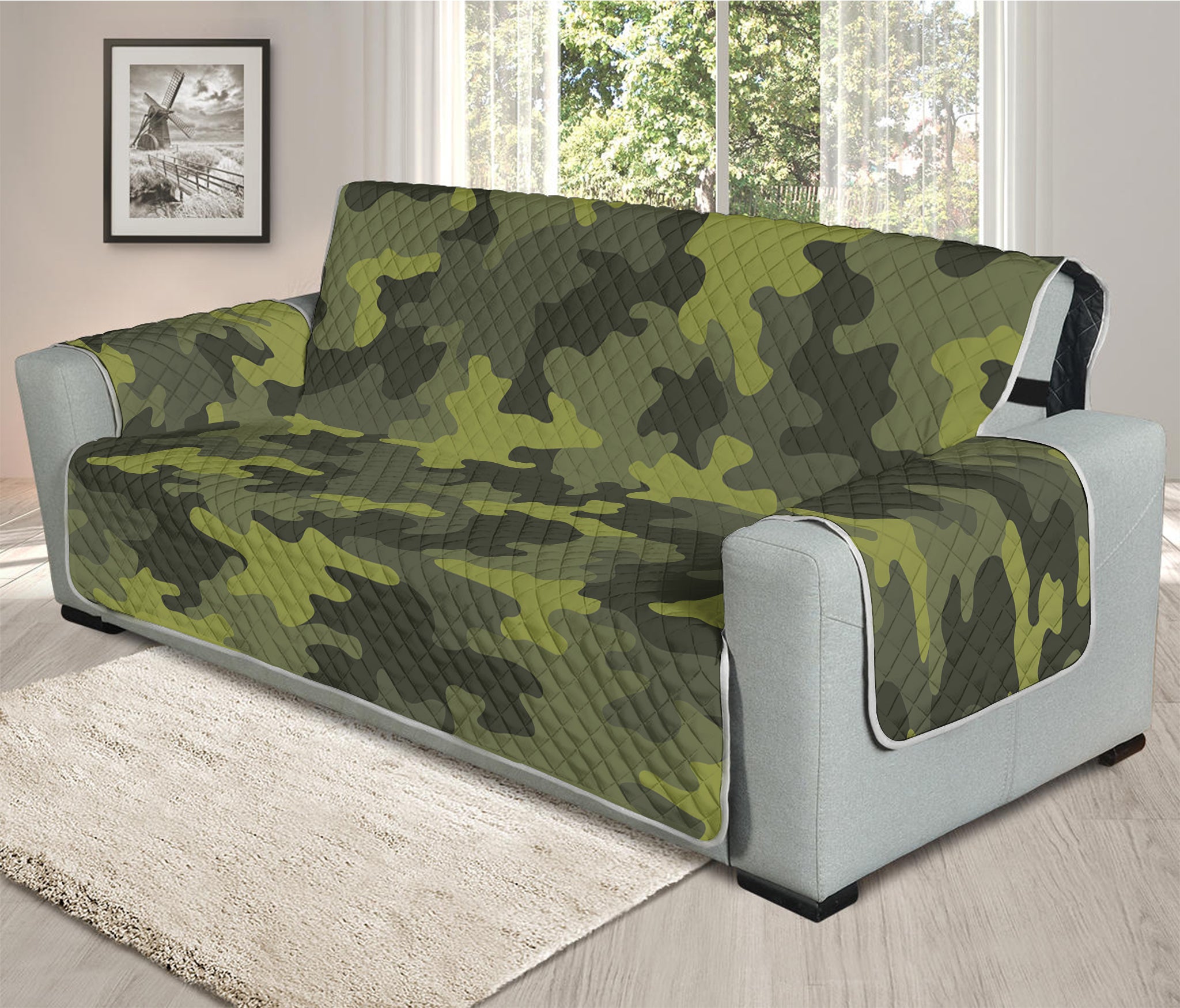 Dark Green Camouflage Print Oversized Sofa Protector