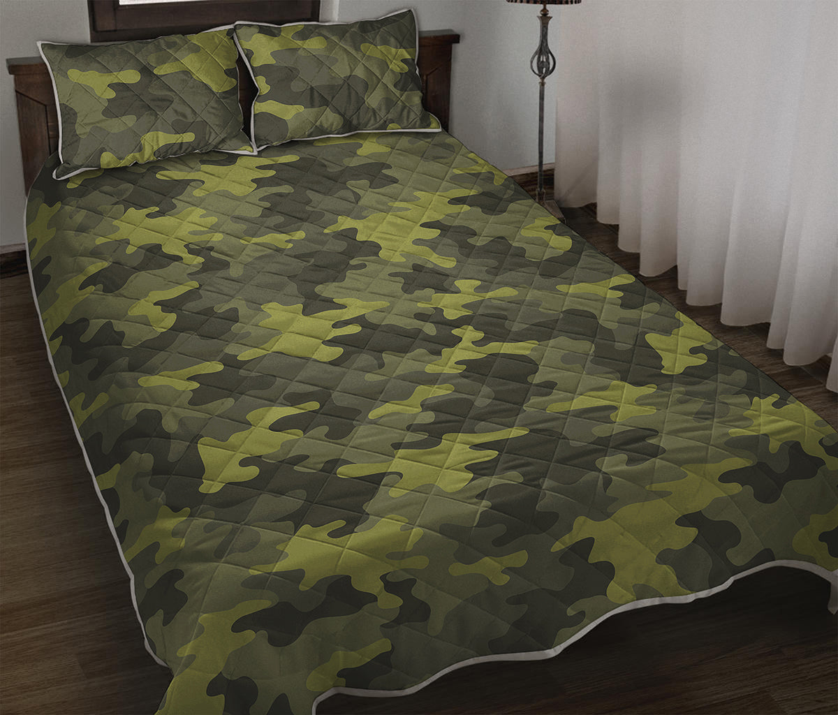 Dark Green Camouflage Print Quilt Bed Set
