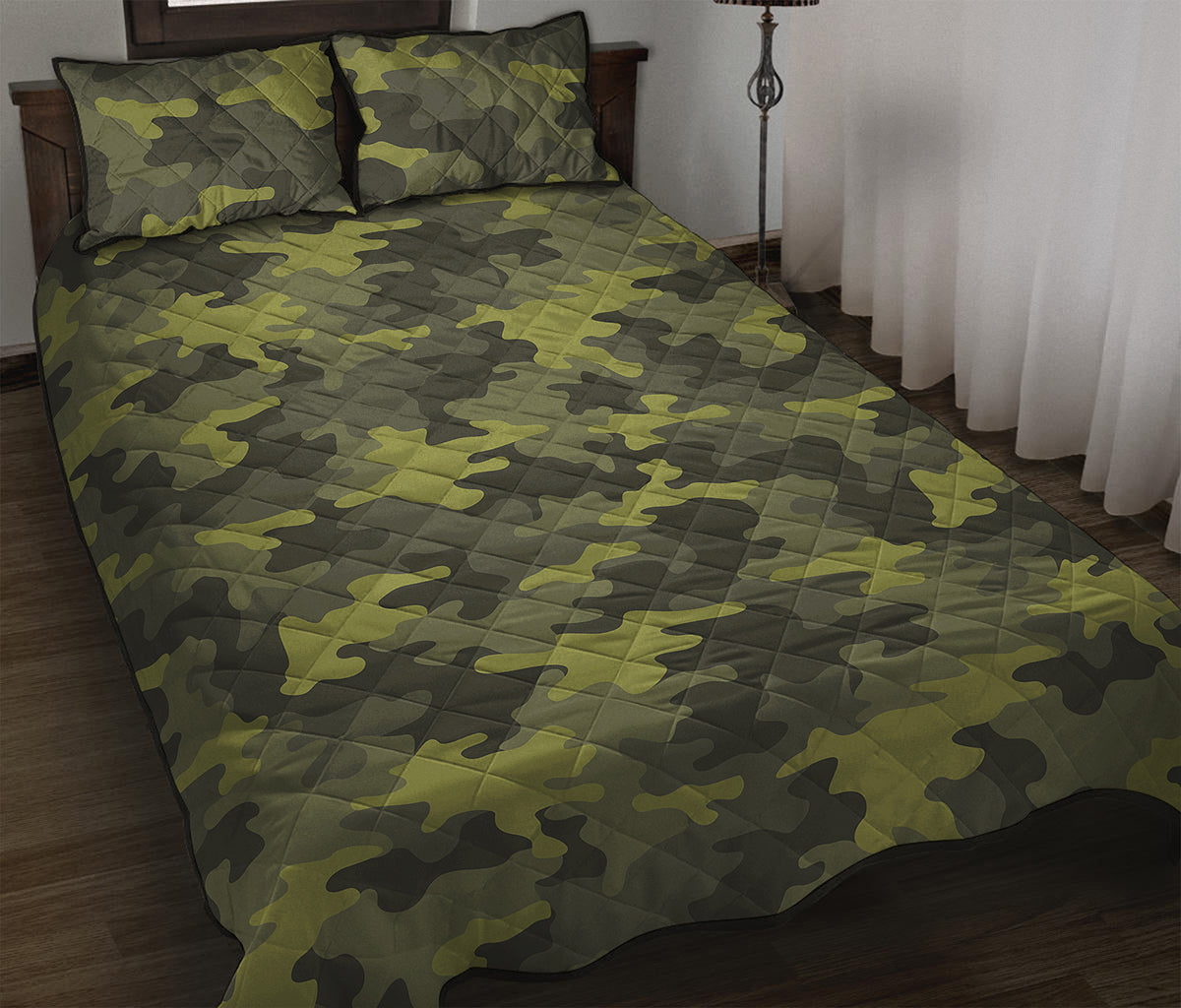 Dark Green Camouflage Print Quilt Bed Set
