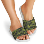Dark Green Camouflage Print White Slide Sandals