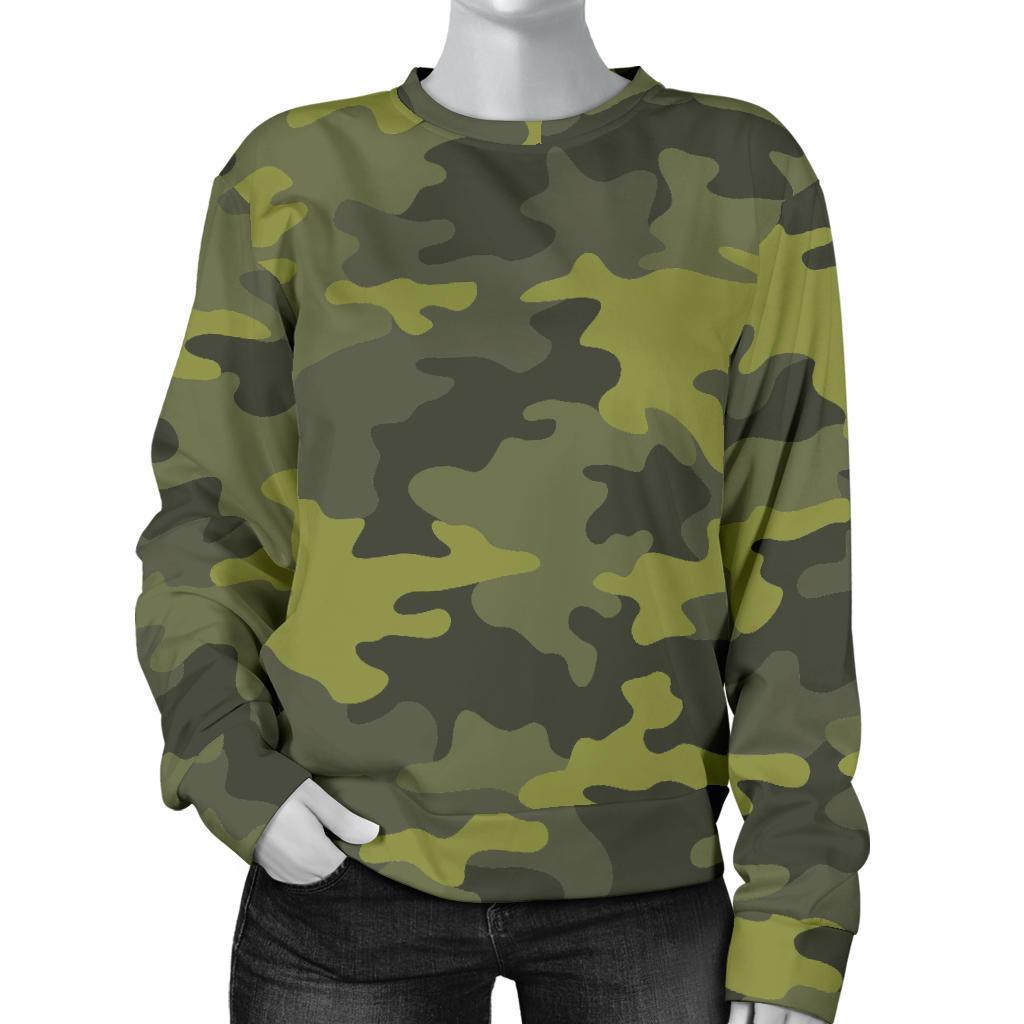 Dark Green Camouflage Print Women's Crewneck Sweatshirt GearFrost