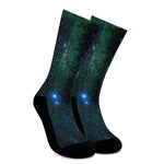 Dark Green Galaxy Space Print Crew Socks