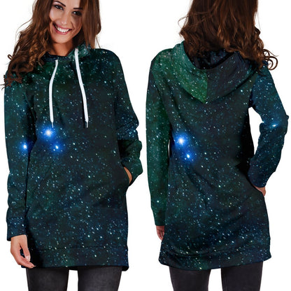 Dark Green Galaxy Space Print Hoodie Dress GearFrost