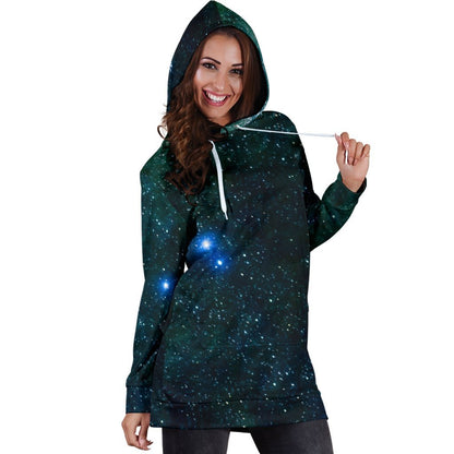 Dark Green Galaxy Space Print Hoodie Dress GearFrost