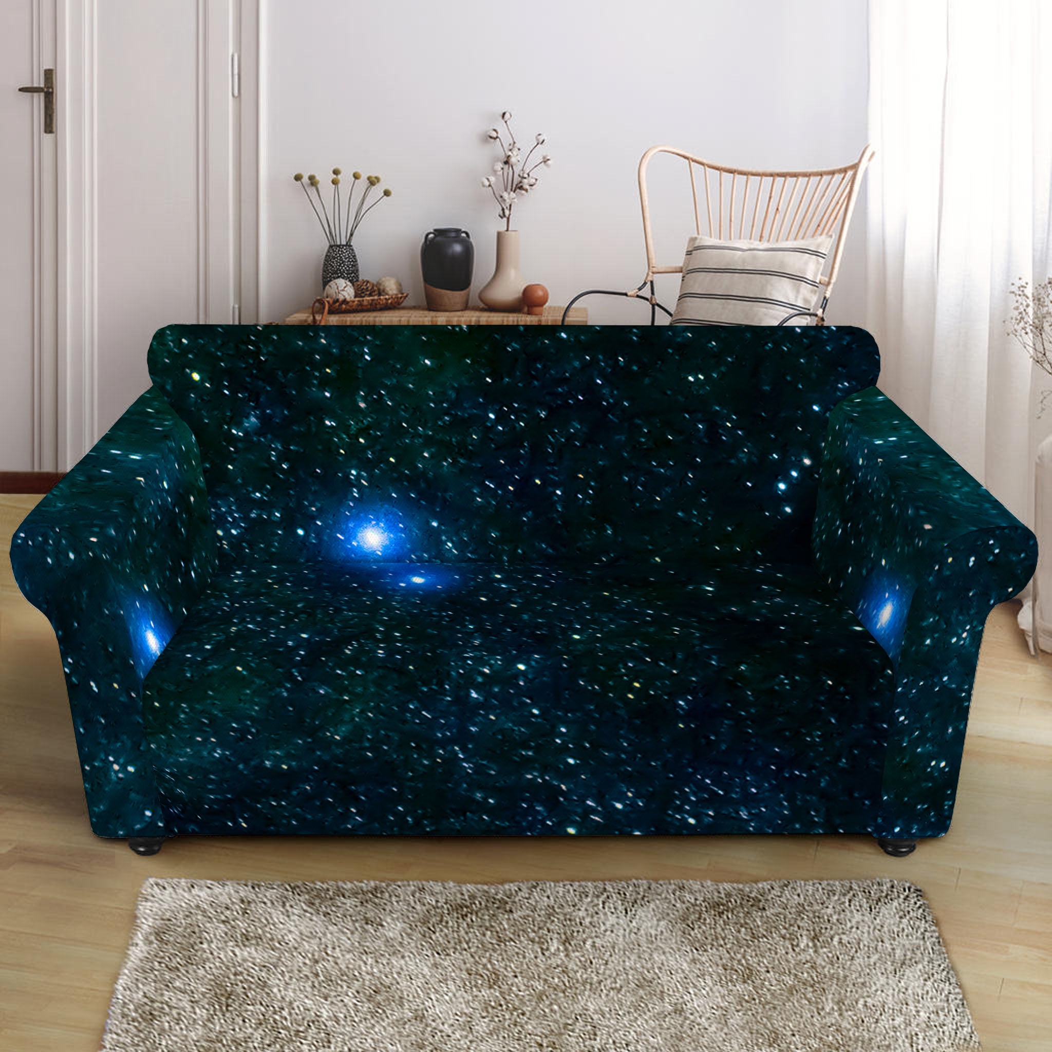 Dark Green Galaxy Space Print Loveseat Slipcover