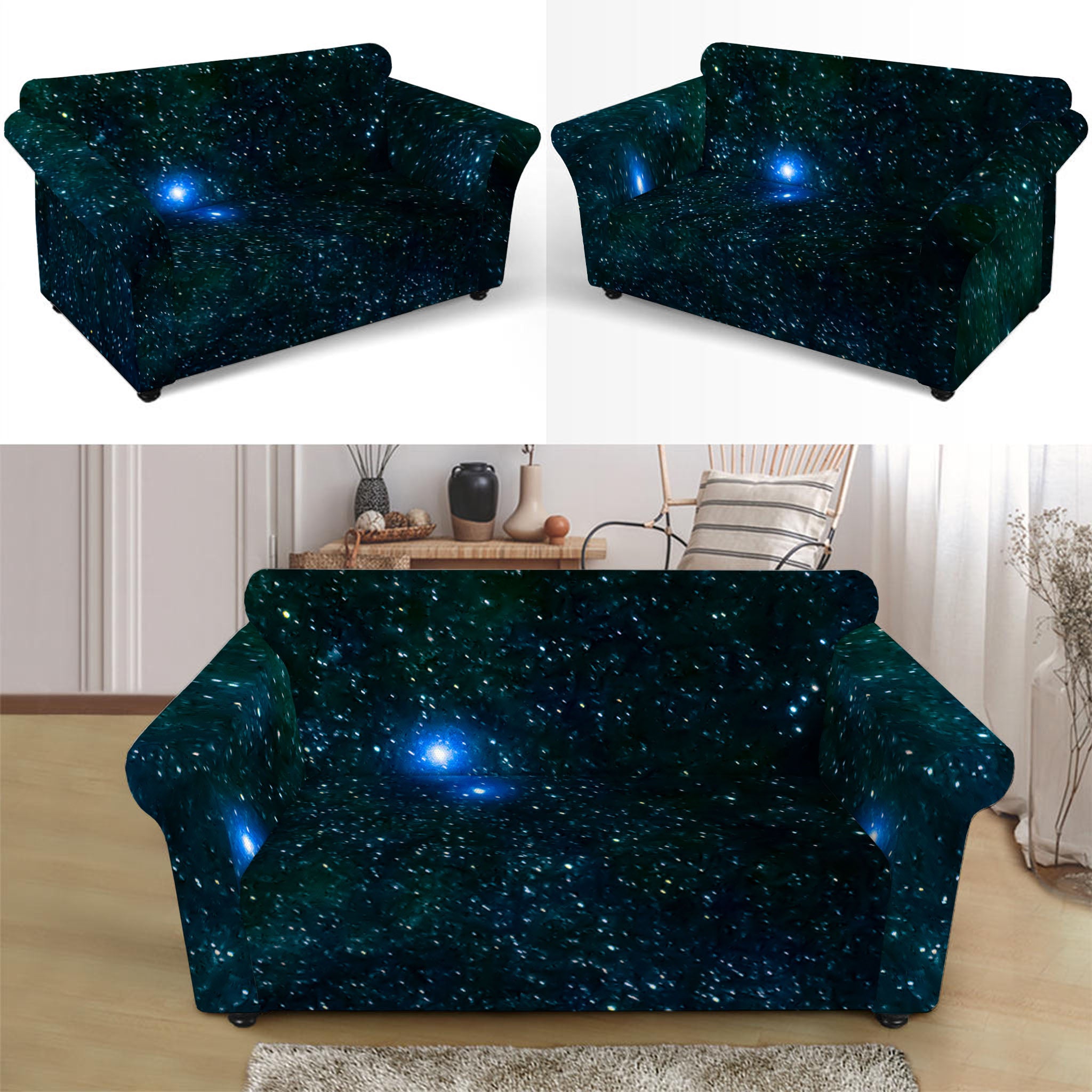 Dark Green Galaxy Space Print Loveseat Slipcover