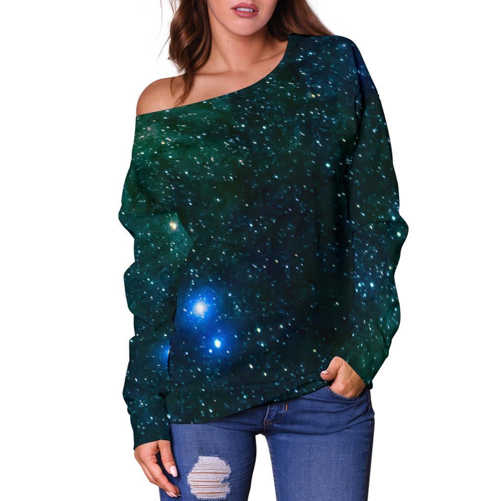 Dark Green Galaxy Space Print Off Shoulder Sweatshirt GearFrost