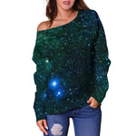 Dark Green Galaxy Space Print Off Shoulder Sweatshirt GearFrost