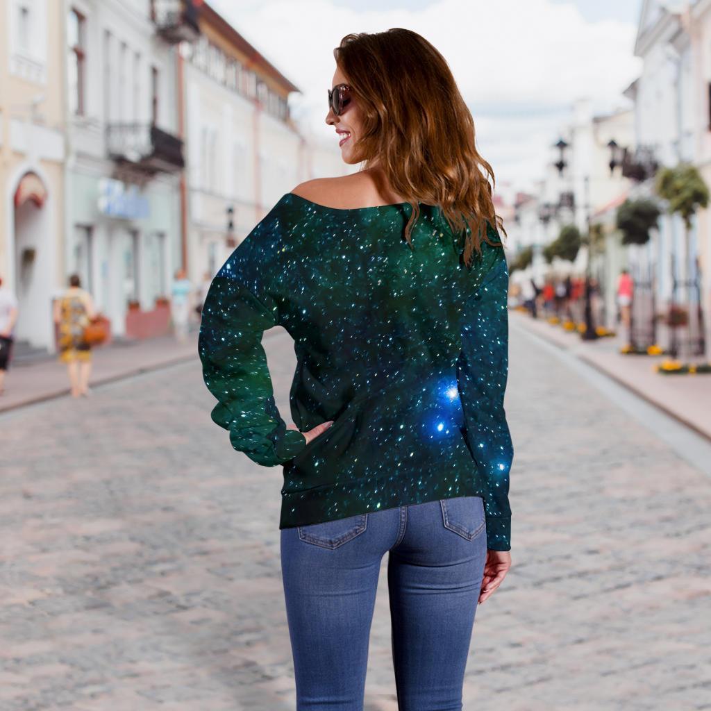 Dark Green Galaxy Space Print Off Shoulder Sweatshirt GearFrost