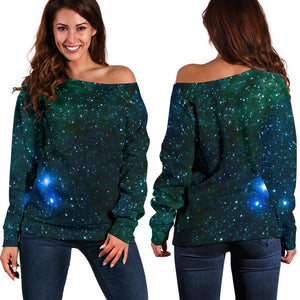 Dark Green Galaxy Space Print Off Shoulder Sweatshirt GearFrost