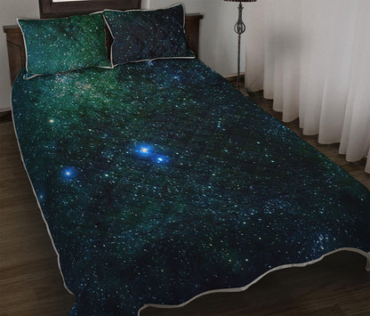 Dark Green Galaxy Space Print Quilt Bed Set