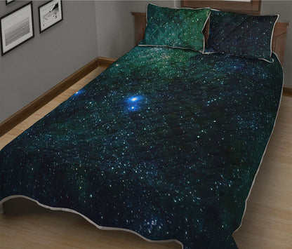 Dark Green Galaxy Space Print Quilt Bed Set