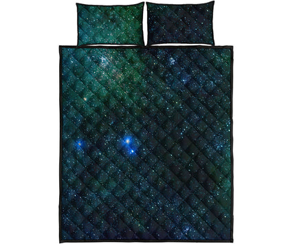 Dark Green Galaxy Space Print Quilt Bed Set
