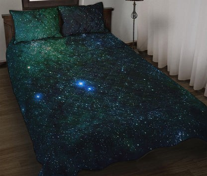 Dark Green Galaxy Space Print Quilt Bed Set