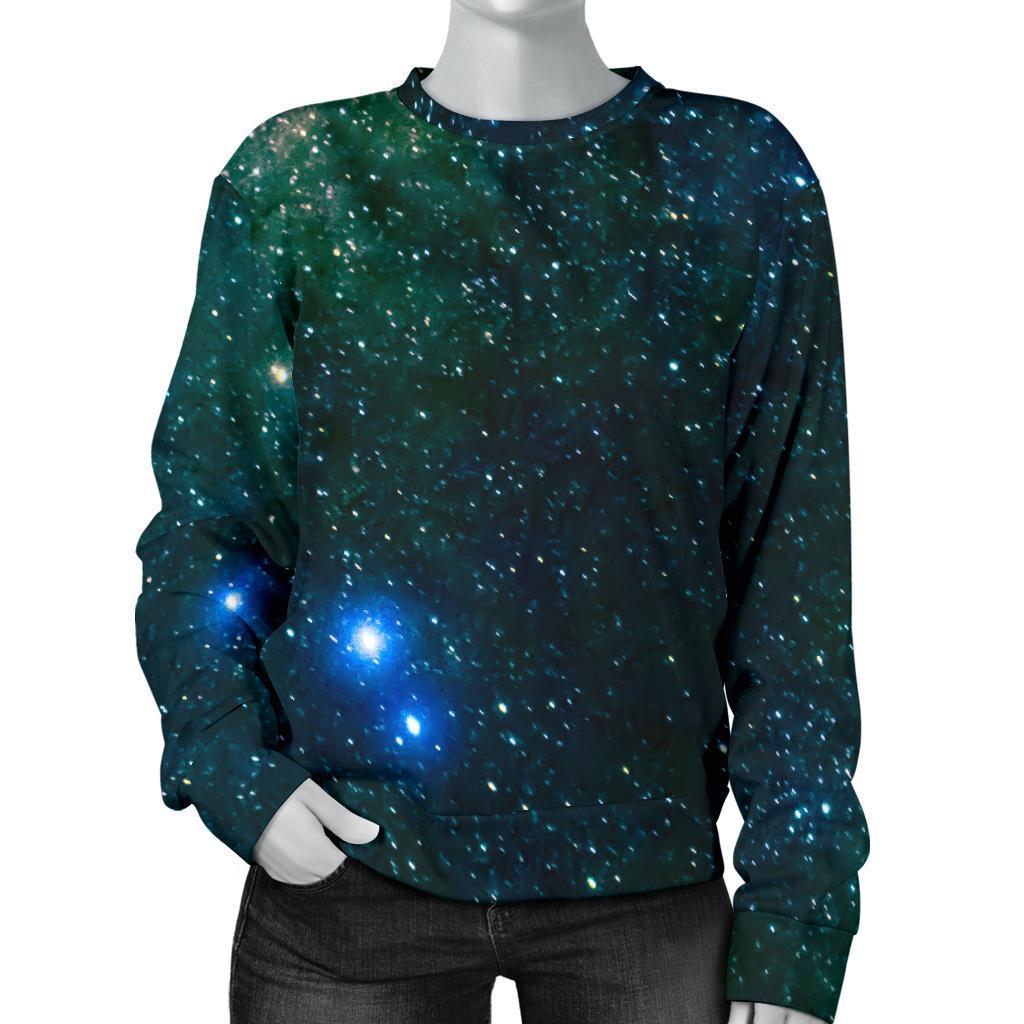Dark Green Galaxy Space Print Women's Crewneck Sweatshirt GearFrost